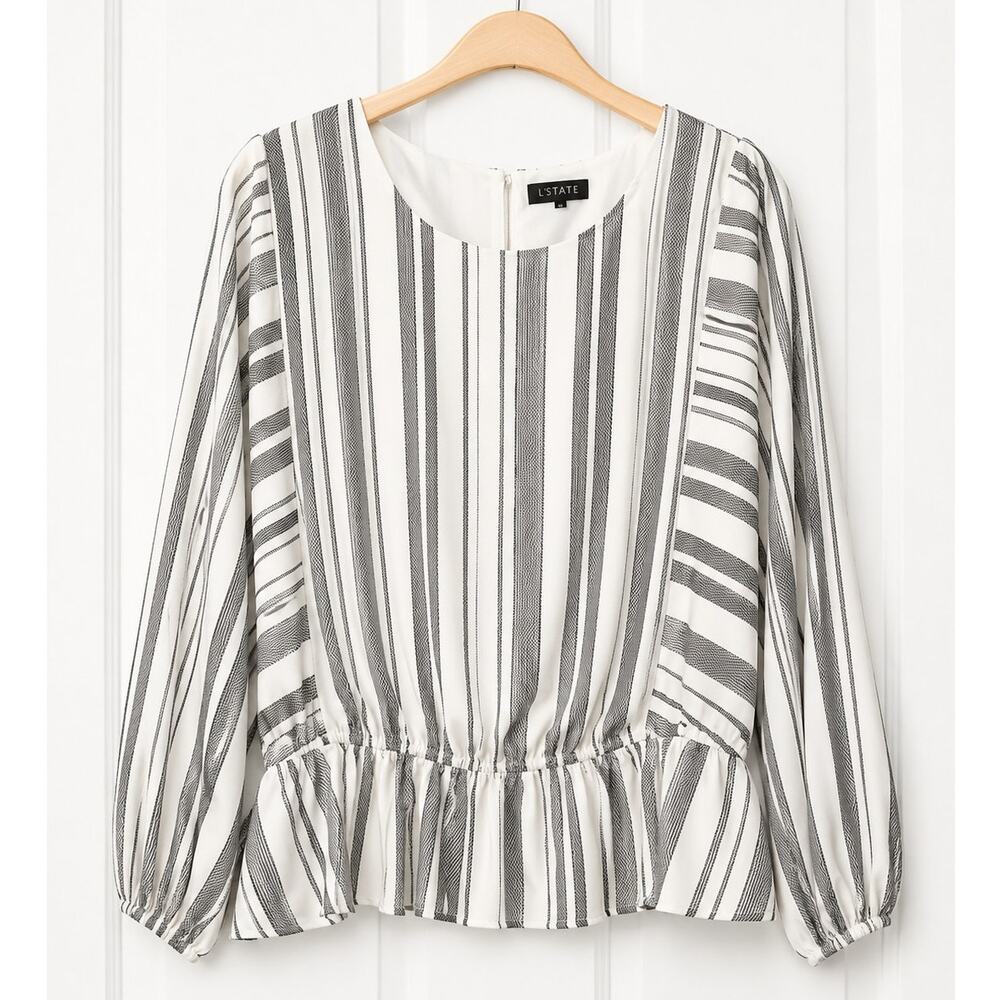 1.STATE Women’s XL Black & White Striped Peplum Blouse Long Sleeve Keyhole Back